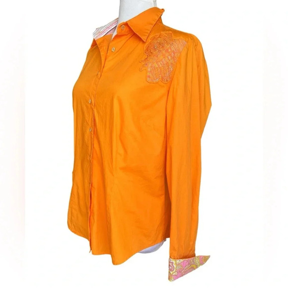 Robert Graham Orange Button Up Shirt Paisley Cuffs Embroidered Women’s Size M - Picture 2 of 12